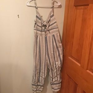 Candie’s Tan/Blue Pinstripe Jumpsuit | Size: Medium